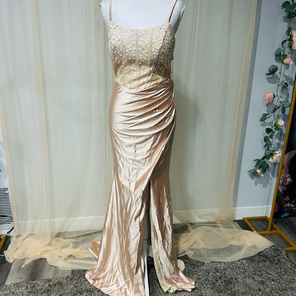 White Sequins -Embellished Satin look Prom Dress with front slit